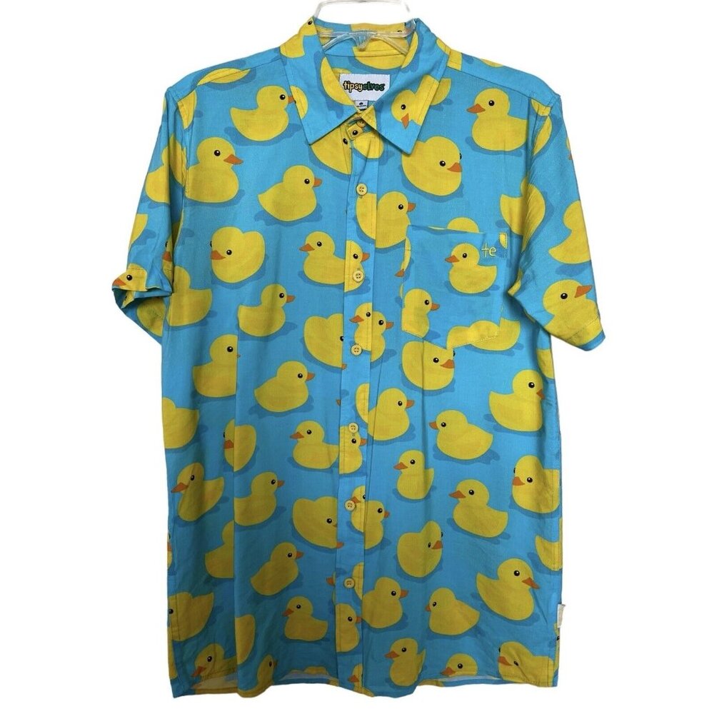 Tipsy Elves Shirt Mens Small S Blue‎ Yellow Button Party Club Rubber Ducky Duck